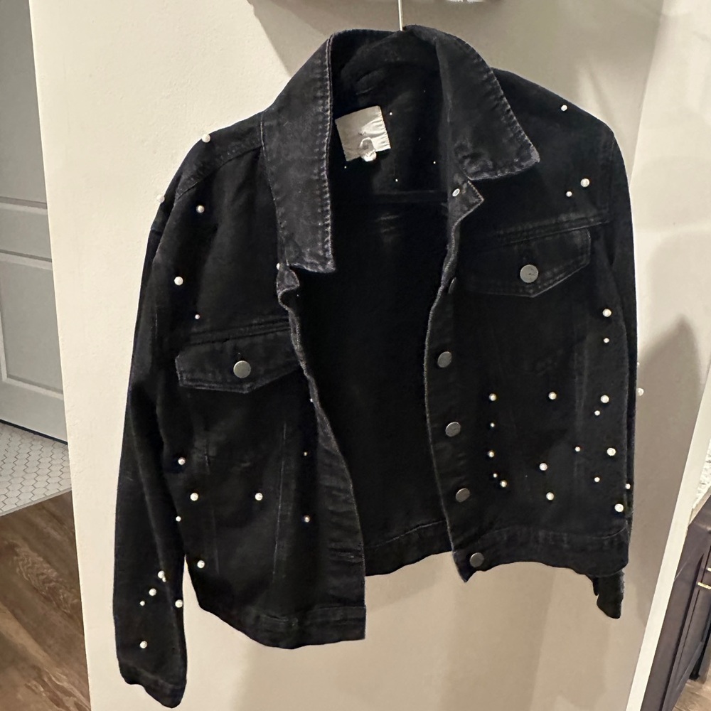 Altar'd State Black Jean Jacket with Pearl Accents Size Large
